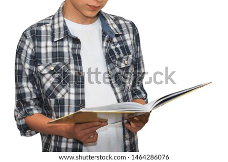 Child reading a book on a white background.