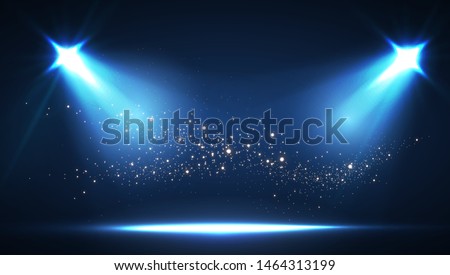 Shining spotlights and empty scene. Elegant promotion design template. Ad, theater, show, big win, gambling and so on. Royalty-Free Stock Photo #1464313199