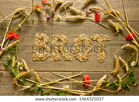 A picture layed with cereals in form of a collar for Thanksgiving inside is the word “Brrot” (german language) designed. A decoration picture from the bird`s eye view.