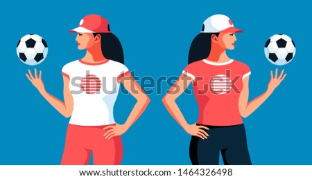 Two variants of female characters. Girl in sport clothes and baseball cap playing  with soccer ball. Fitness instructor, physical education teacher or football fan girl. Vector illustration