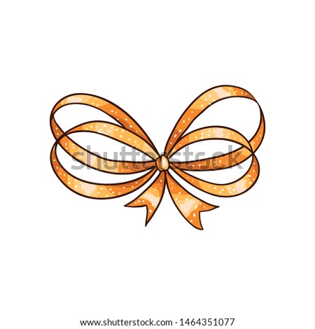 Golden bow hand drawn vector isolated illustration. Ribbon knot cartoon drawing on white background. Bowknot doodle sticker xmas clipart. Bow-tie colored greeting card design element