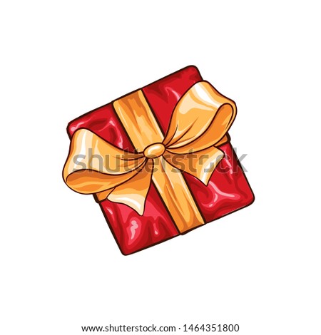 Xmas gift box hand drawn illustration. New year box wrapped in paper with ribbon bow isolated vector design element. Winter holiday greeting card, cover, poster, color clipart