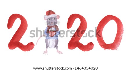 Cute rat with cocoa in a jacket and a scarf , New Year, Christmas, symbol of 2020 Chinese horoscope on a white background hand painted with watercolor