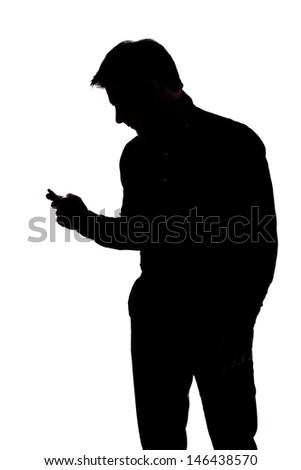 Man texting with one hand in silhouette isolated over white background 