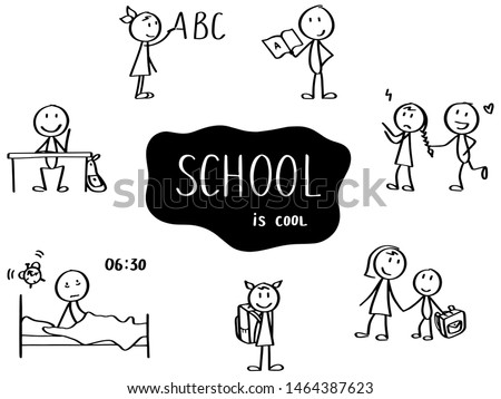 Set of stick men. School topic - reading book, writing ABC on the chalkboard, playing, waking up and going school. Funny hand drawn characters. Simple doodle style.  Royalty-Free Stock Photo #1464387623