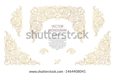 Floral gold decoration, frame, vignettes. Arabic and Eastern motifs. Ornamental illustration, flower garland. Isolated line art ornaments. Golden ornament with leaves, curls for invitations, cards.