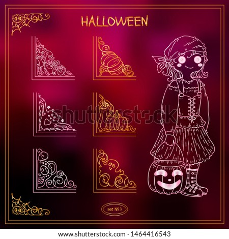 Cute rose pink illustrations and corners for frames and decorations. Funny Halloween theme arts in each triangle. Ornate wave elements different in each set, hand drawn sketch collection 