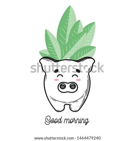 House plant in a pot with a muzzle of the animal. Cute pig face on the pot. Vector illustration