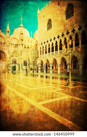 vintage style picture of the Doge's Palace and the church San Marco in Venice, Italy