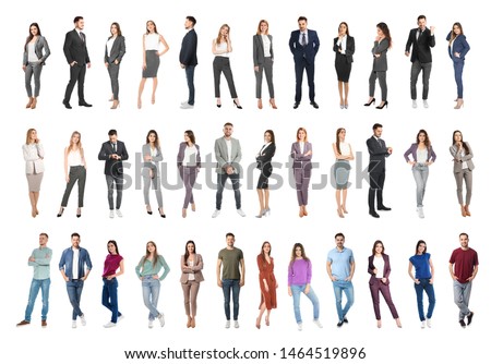 Collage of emotional people on white background