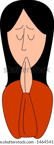 Praying girl with black hair, illustration, vector on white background.