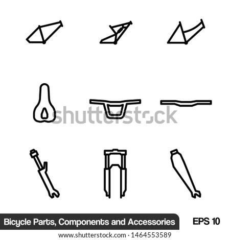 Icon Set of Bicycle Parts, Components, Equipment and Accessories in Line Style. EPS 10