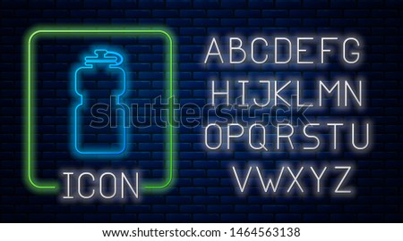 Glowing neon Sport bottle with water icon isolated on brick wall background. Neon light alphabet. Vector Illustration