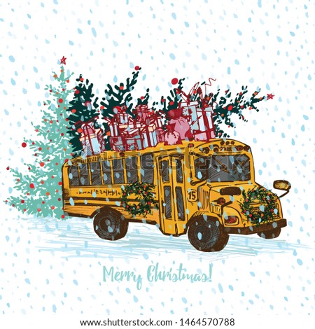 Festive Christmas card. Yellow school bus with fir tree decorated red balls and gifts on roof. White snowy seamless background and text Merry Christmas. Vector illustrations