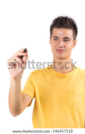 Young man writing with marker isolated on white background