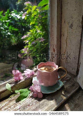 Pink porcelain Cup with hot coffee and rose hydrangea petals on a vintage window on a Sunny day