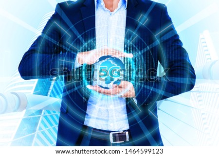 5G internet network communication concept with double exposure of businessman holding global and stand in front of cityscape background.