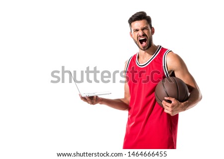 yelling basketball player with ball using laptop Isolated On White 