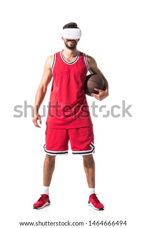 smiling basketball player with ball in virtual reality headset Isolated On White 