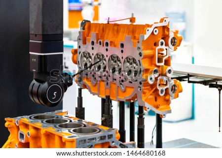 body head cylinder of vehicle automobile engine or manufacturing precision parts during dimension inspection by high accuracy and automatic coordinate measurement machine (CMM) Royalty-Free Stock Photo #1464680168