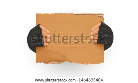 Homeless. Man holding up blank cardboard sign. Homeless holding a cardboard. Isolated vector illustration Royalty-Free Stock Photo #1464693404