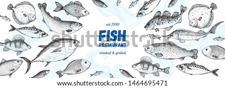 Fish sketch collection. Hand drawn vector illustration. Seafood frame. Food menu illustration. Hand drawn tuna, flounder, cod fish, herring, rainbow trout, mackerel, salmon, perch. Engraved style Royalty-Free Stock Photo #1464695471