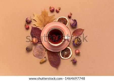Autumn Flat lay composition. Cup of tea, autumn dry bright leaves, roses flowers, orange circle, cones, decorative pomegranate, cinnamon sticks on brown beige background top view. Autumn, fall concept