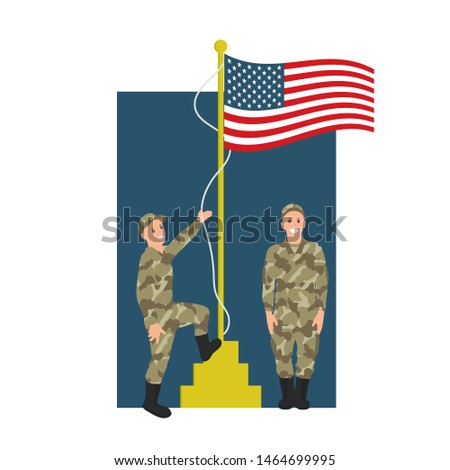 Two young soldier in usa military uniform raises flag United States of America on flagpole. American warrior character. Flat vector national holiday illustration. Independence, memorial, veteran day