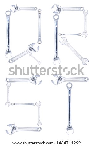 Q-T english alphabet tool fonts,Q R S T create by photos of wrench and spanner isolated on white background