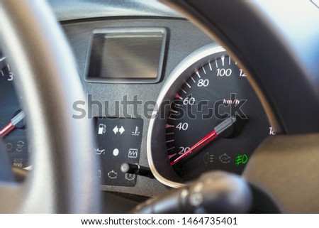 Speedometer and dashboard of the car. Selective focus