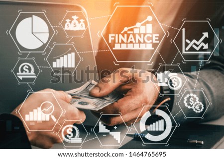 Finance and Money Transaction Technology Concept. Icon Graphic interface showing fintech trade exchange, profit statistics analysis and market analyst service in modern computer application.