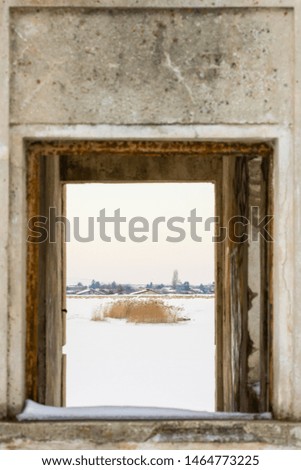 Natural Framing of a Snowy Landscape on the Frozen Lake in Mid-Winter