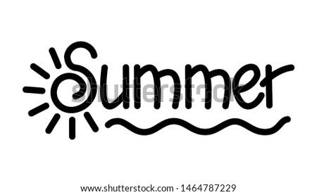 Summer. Handwritten Word Lettering. The letter S in the form of the sun with rays. Stylized sun and sea. Vector Image Isolated on white background.