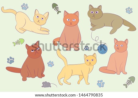 Cats set vector illustration. Clew, mouse, foot. For fabric wrapping paper. Funny, cartoon seals.