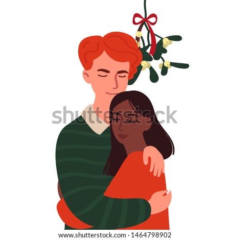 A guy and a girl hug under the branch of mistletoe. Cartoon characters isolated on white background. Vector illustration in the style of flat.