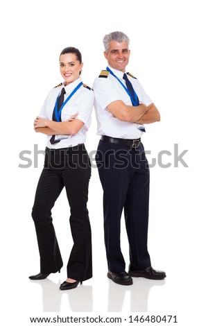 senior pilot and female co-pilot full length portrait on white