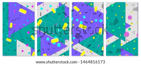 Set of memphis pattern. Pop art color background. Geometric shapes for tissue and postcards. Vector Illustration. Hipster style 80s-90s. Abstract colorful funky background.