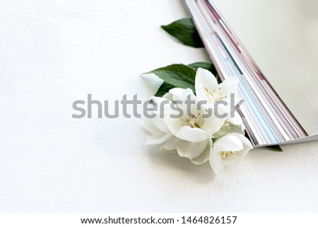 printed photos, frame cards, on a blue background with a white flower. Mock up.