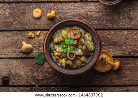 Stewed potato and mushrooms in a ceramic pot, top view, copy space