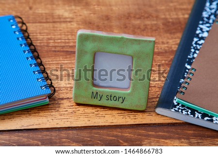Reading, storytelling and education. Concept for writing, writer and fiction. Photo frame with caption