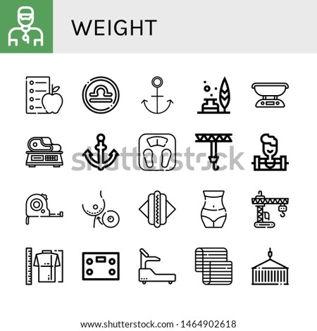 Set of weight icons such as Trainer, Diet, Libra, Anchor, Feather, Scale, Bathroom scale, Crane, Weighlifter, Measuring tape, Breast implant, Hot dog, Waist, Measure , weight