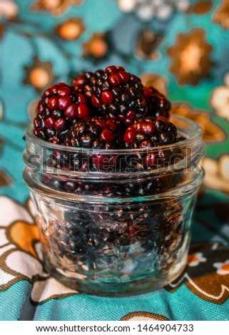 Blackberries in a small Jar on a floral Background Backdrop