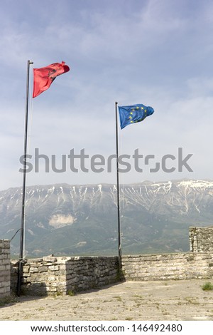 Albanian flag and EUflag at the Gjirokastra