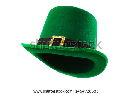 St Patricks day meme and March 17 concept with a multiple angles image of a green parade hat with a belt and buckle isolated on white background with a clip path cut out