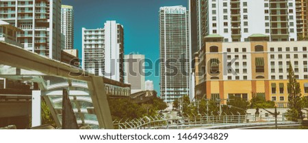 Miami downtown city metro bus road and buildings on a sunny winter day.