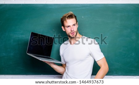 University student studying online. college teacher use computer technology. student man at e learning class. man use 4g internet to study. modern education online. back to school. business school.