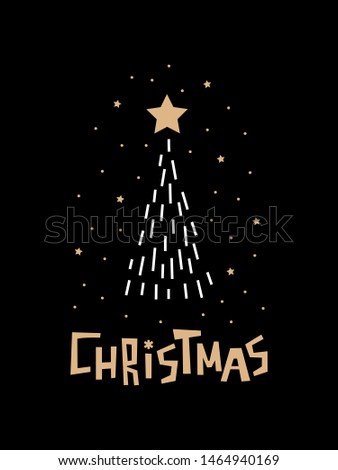 Vector Christmas card with hand lettering Christmas and christmas spruce with star and snow on black background.