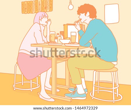 Inside of Japanese style pub. A man and a woman are smiling at each other. hand drawn style vector design illustrations. 