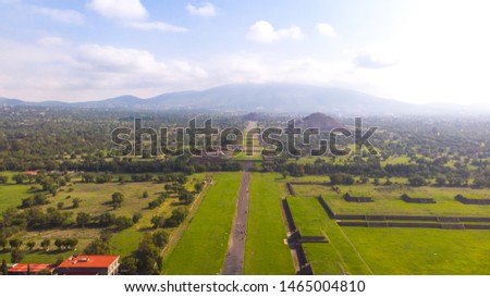 Causeway of the dead and pyramid of the sun and moon in the morning in Teotihuacan Mexico