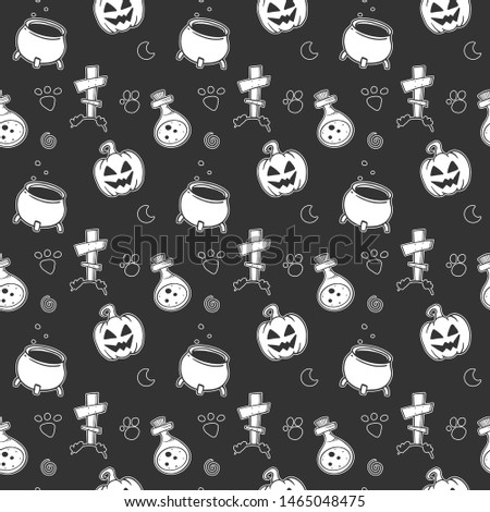 Halloween. Vector concept in doodle and sketch style. Hand drawn illustration for printing on T-shirts, postcards. Seamless pattern for textile, paper wrap. Texture background.